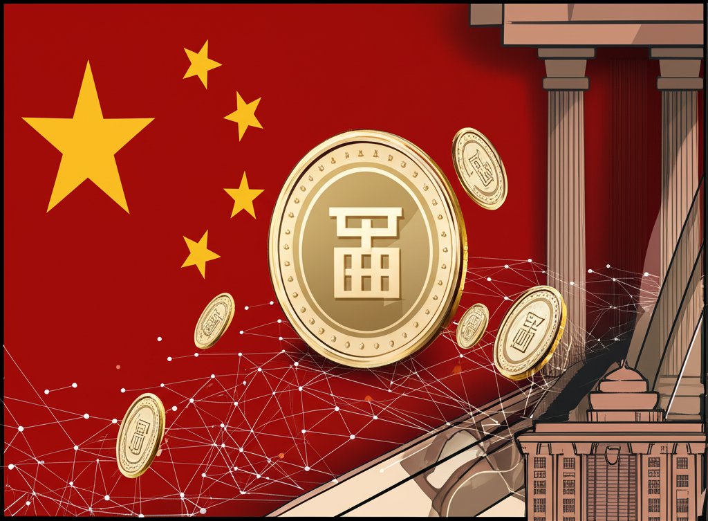 描繪人民幣符號轉變為數位穩定幣，周圍環繞國際貿易和全球金融元素，強調其在人民幣國際化中的作用。