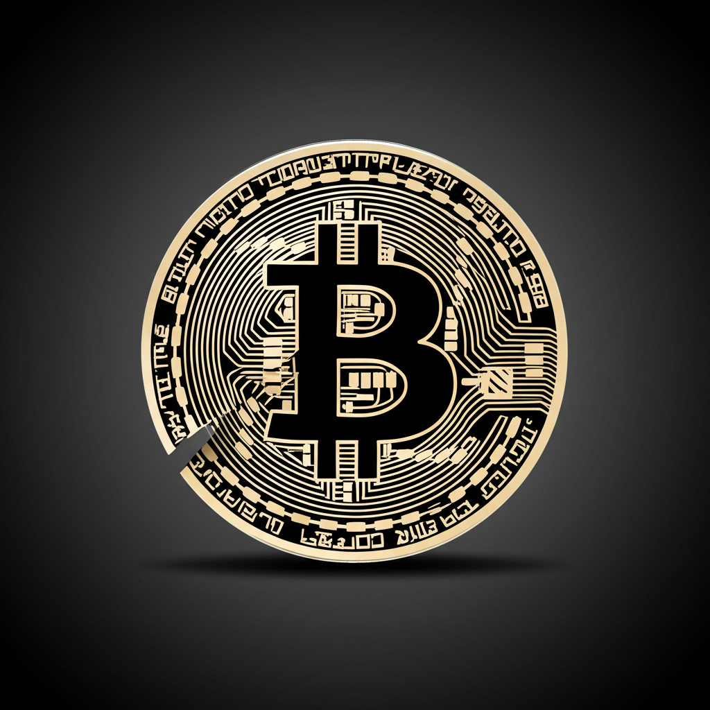 一枚金色的比特幣硬幣堆疊在實體金條上，象徵數位黃金。