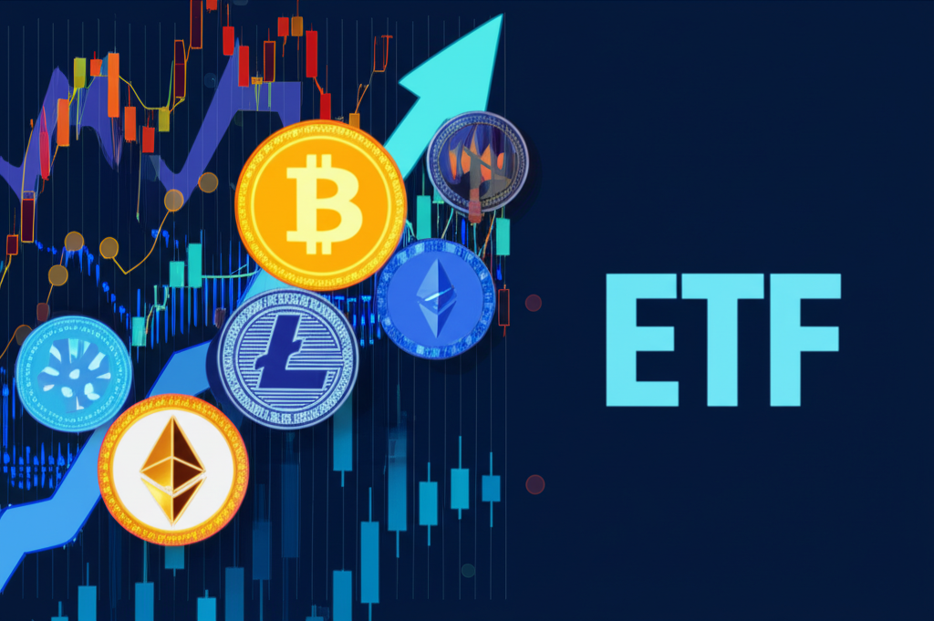 一張詳細的資訊圖表，顯示資金從傳統金融機構流向加密貨幣ETF，特別標示了比特幣現貨ETF和以太幣現貨ETF的資金流入。