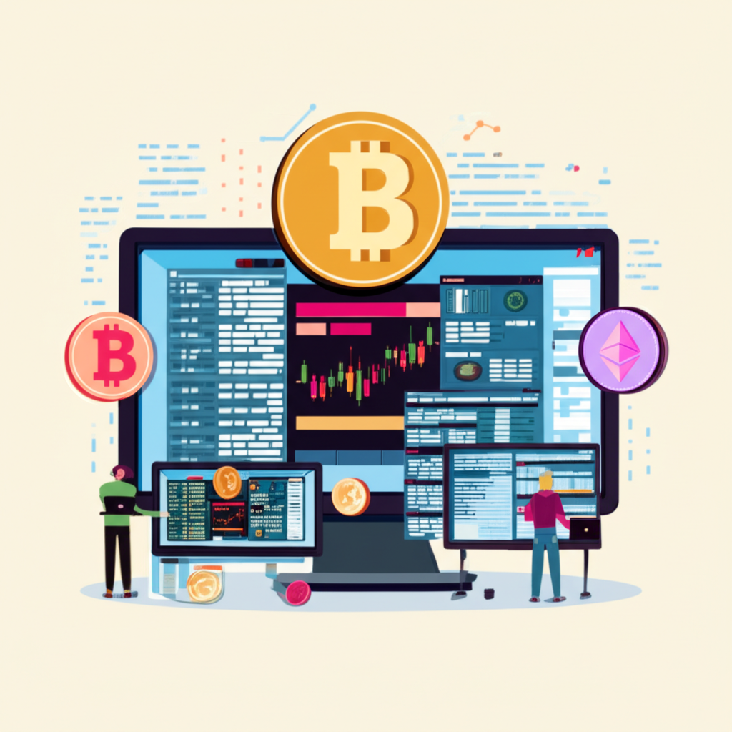 平板電腦上顯示著現代化的加密貨幣交易所介面，包含即時交易數據與買賣按鈕。