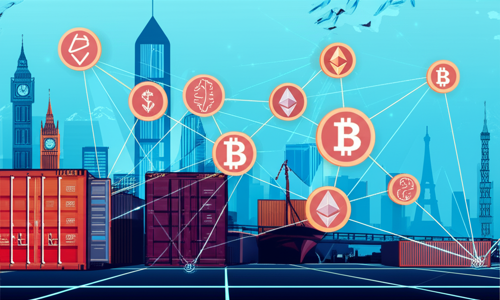 一張全球地圖疊加數位貨幣符號與箭頭，指示跨境流動，說明穩定幣對全球金融格局日益增長的影響以及主要經濟體之間的競爭。