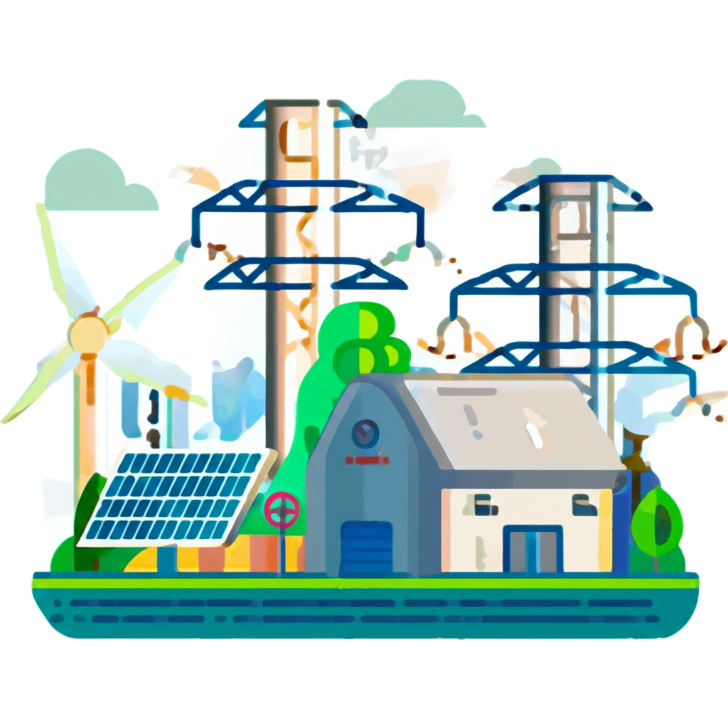 一個詳細的電力基礎設施圖，顯示相互連接的電線、變電站和背景的發電廠。