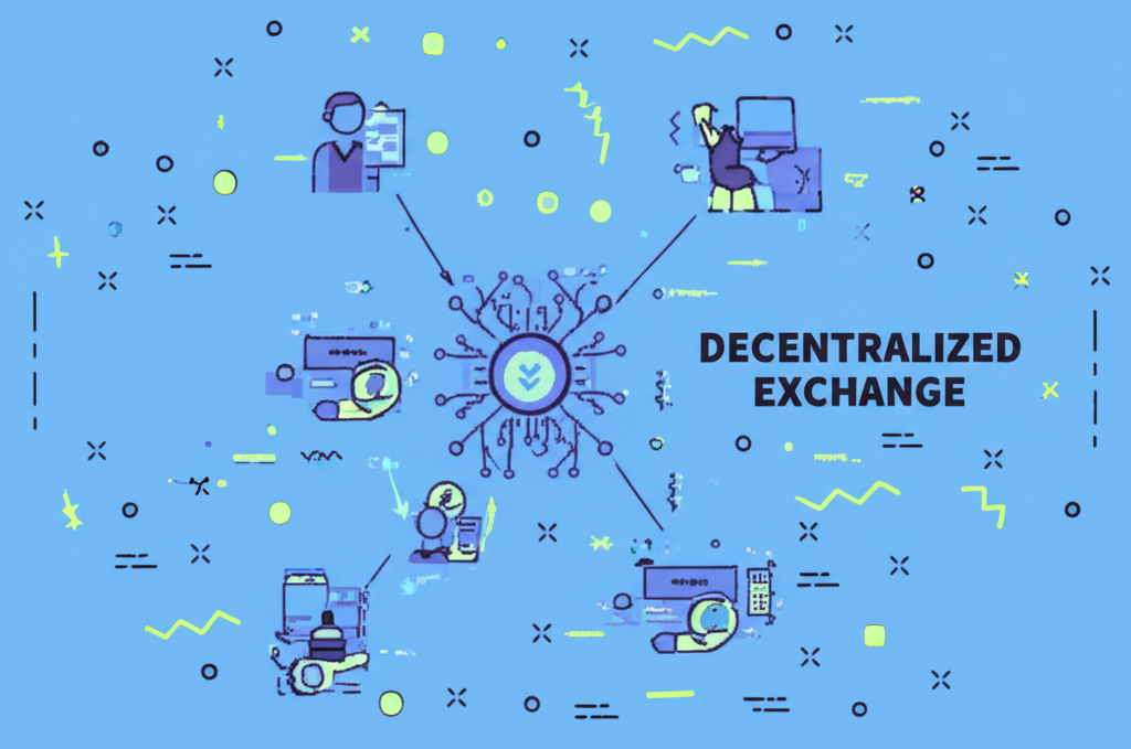 一個未來感十足、極簡風格的去中心化交易所（DEX）介面，帶有發光的線條和抽象數據視覺化，代表Web3時代安全透明的點對點交易。