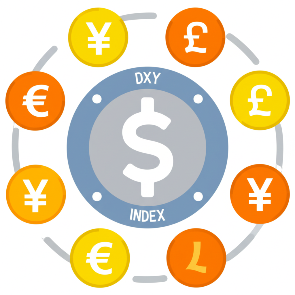 美元指數DXY示意圖,顯示美元對一籃子主要貨幣的強弱測量,包含歐元、日圓、英鎊等環繞指標周圍的金融插畫