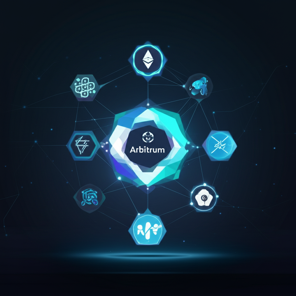 一張簡潔的現代圖表，說明 Arbitrum Orbit 的概念，顯示多個可客製化的 Orbit 鏈從 Arbitrum 主網（L2）分支出來，並標示自定義燃氣代幣、隱私設定和治理模式。