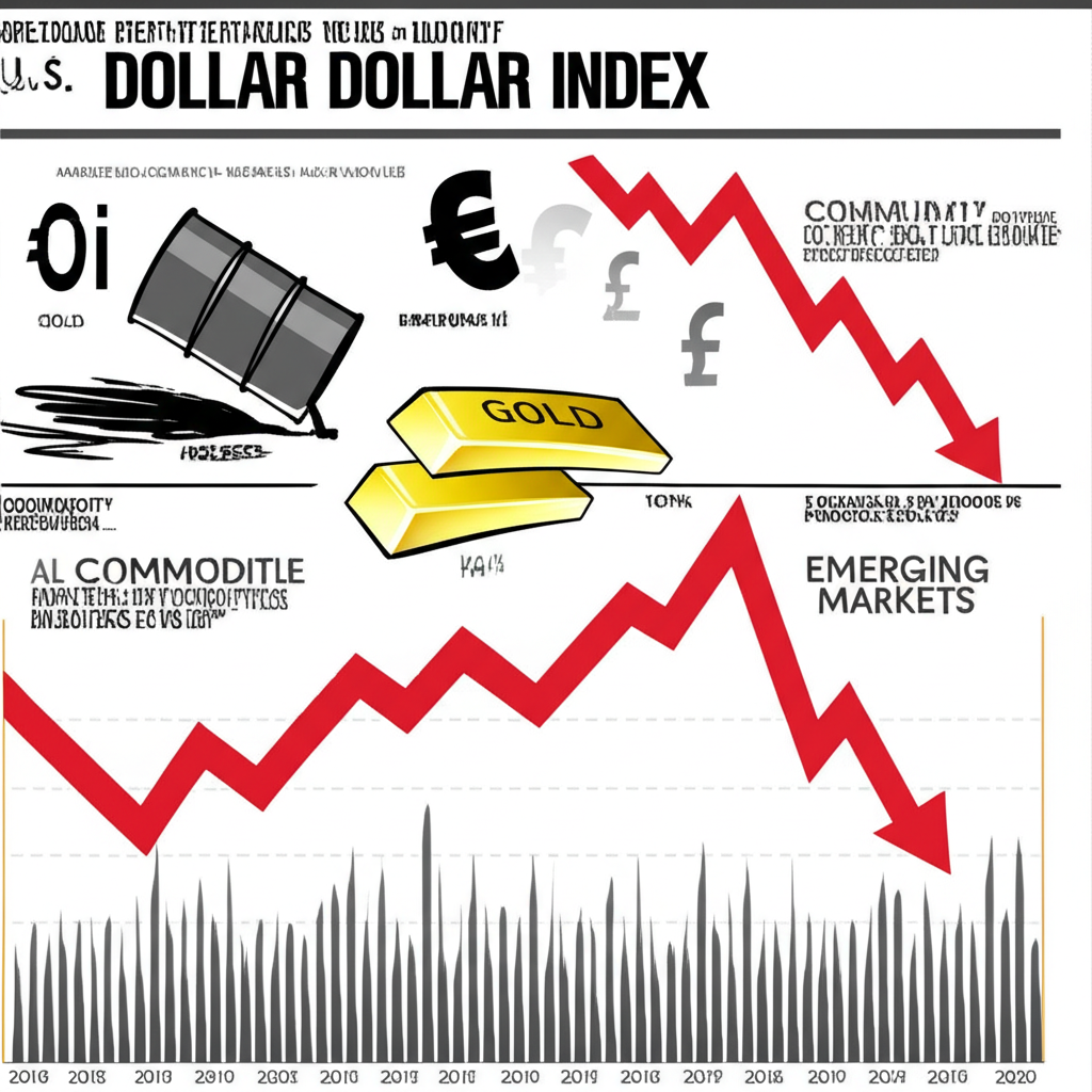 美元指數上升對全球的影響示意圖,包含非美元貨幣縮小、大宗商品價格下跌(如原油桶、黃金條)、新興市場股市下跌箭頭