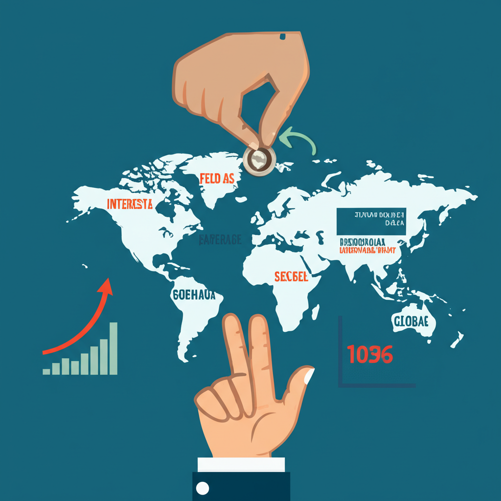 影響美元指數的關鍵因素示意圖,包含聯準會升息的手、指向美國的全球資金流動箭頭,以及顯示強勁美國經濟數據的圖表