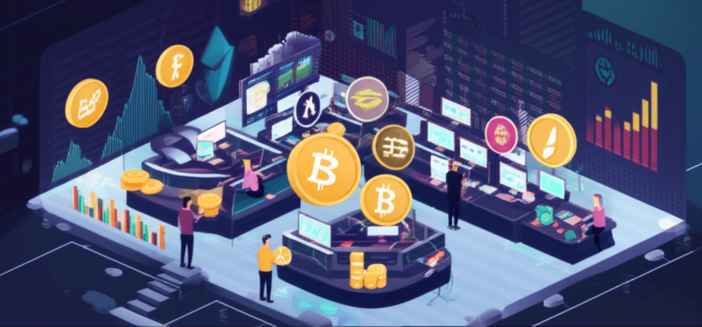一群人在現代辦公室環境中，圍繞著全息投影討論加密貨幣圖表與數位資產。