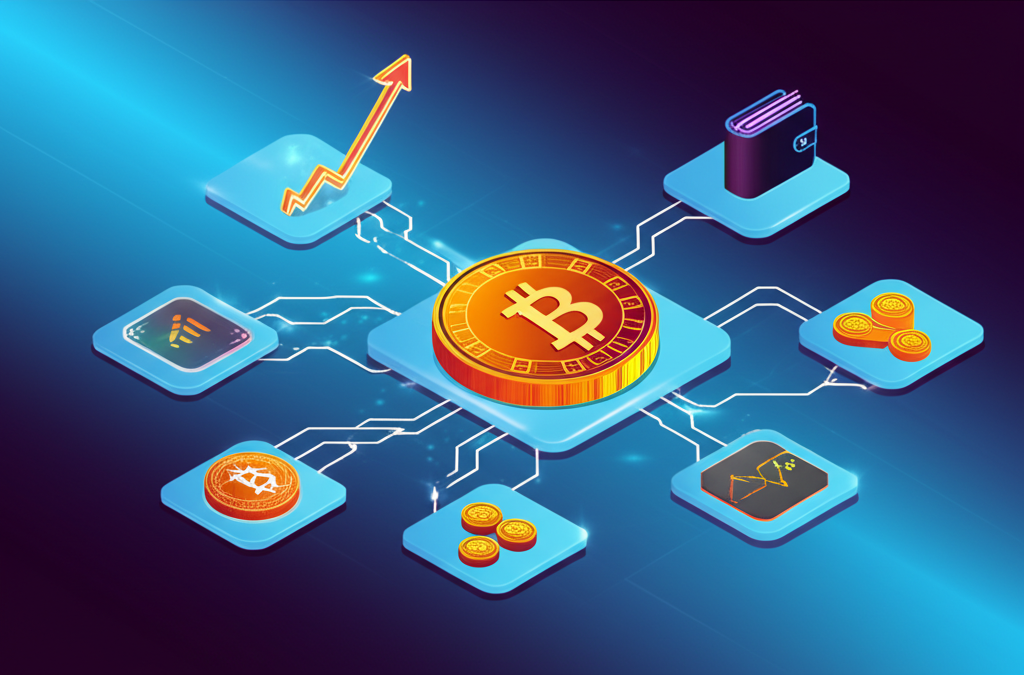 一個充滿活力的未來區塊鏈網路，顯示 Core 區塊鏈上的去中心化金融應用與比特幣整合。
