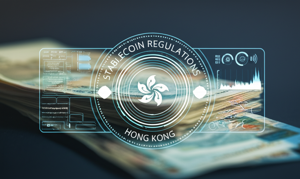 一群全球金融監管機構和政策制定者圍繞著穩定幣法規的全息投影，場景設於高科技會議室。